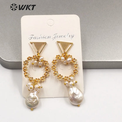 WT-MPE011 New Design Natural Freshwater Pearl Earring Elegant Charm Jewelry Flower Circle Pearl Dangle Earring