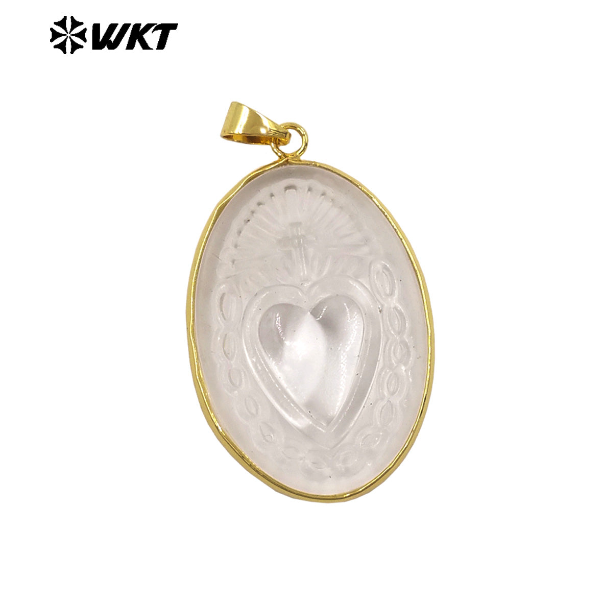 WT-JP514 Beautiful Gold Electroplated Oval Natural Crystal Quartz Heart Shape Pattern Pendant As Women Jewelry Making Accessory