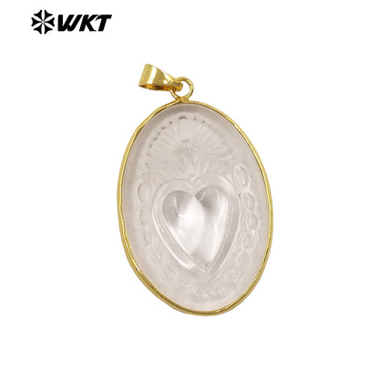 WT-JP514 Beautiful Gold Electroplated Oval Natural Crystal Quartz Heart Shape Pattern Pendant As Women Jewelry Making Accessory