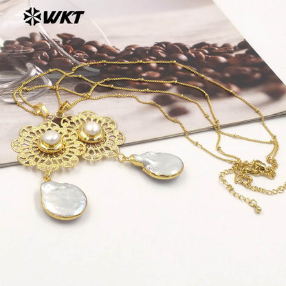 WT-JN269 Wholesale New Gorgeous 18K Real Gold Plated Natural Freshwater Pearl Pendant Necklace Anniversary Jewelry