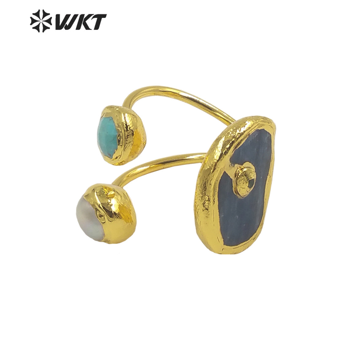 WT-R474 New Design Natural Turquoise & Pearl& Kyanite 18K Gold Plated Peacock Stone Ring Boho Charming Ring