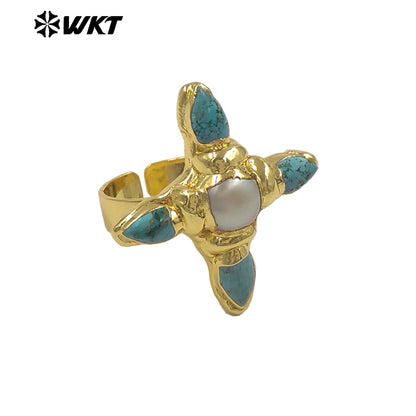 WT-MPR162 Exclusive Design Gold Plated Natural Turquoise And Pearl Cross Rings For Female Dance Party Wearing Accessory