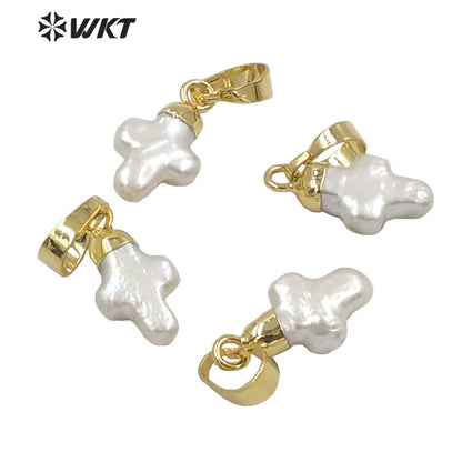 WT-JP246 WKT Newest Natural Freshwater Pearl Cross Pendant Fashion Lady Gold Top Single Loop White Pearl Charm Pendant in Cross