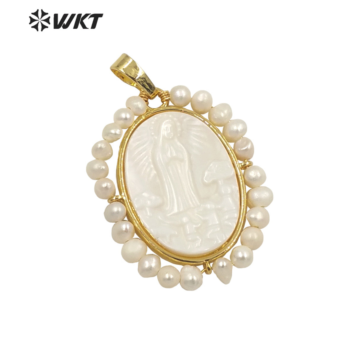 WT-JP264 WKT New Design Fashion Gold Bezel Religious Pearl Christian Pendant Oval Shape Virgin Mary Pendant for Necklace