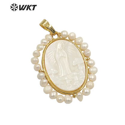 WT-JP264 WKT New Design Fashion Gold Bezel Religious Pearl Christian Pendant Oval Shape Virgin Mary Pendant for Necklace
