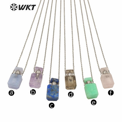 WT-N1240 WKT New Design Small Size Stainless Steel Chain Stone Bottle Necklace Mini square Steel France Perfume Bottle Necklace