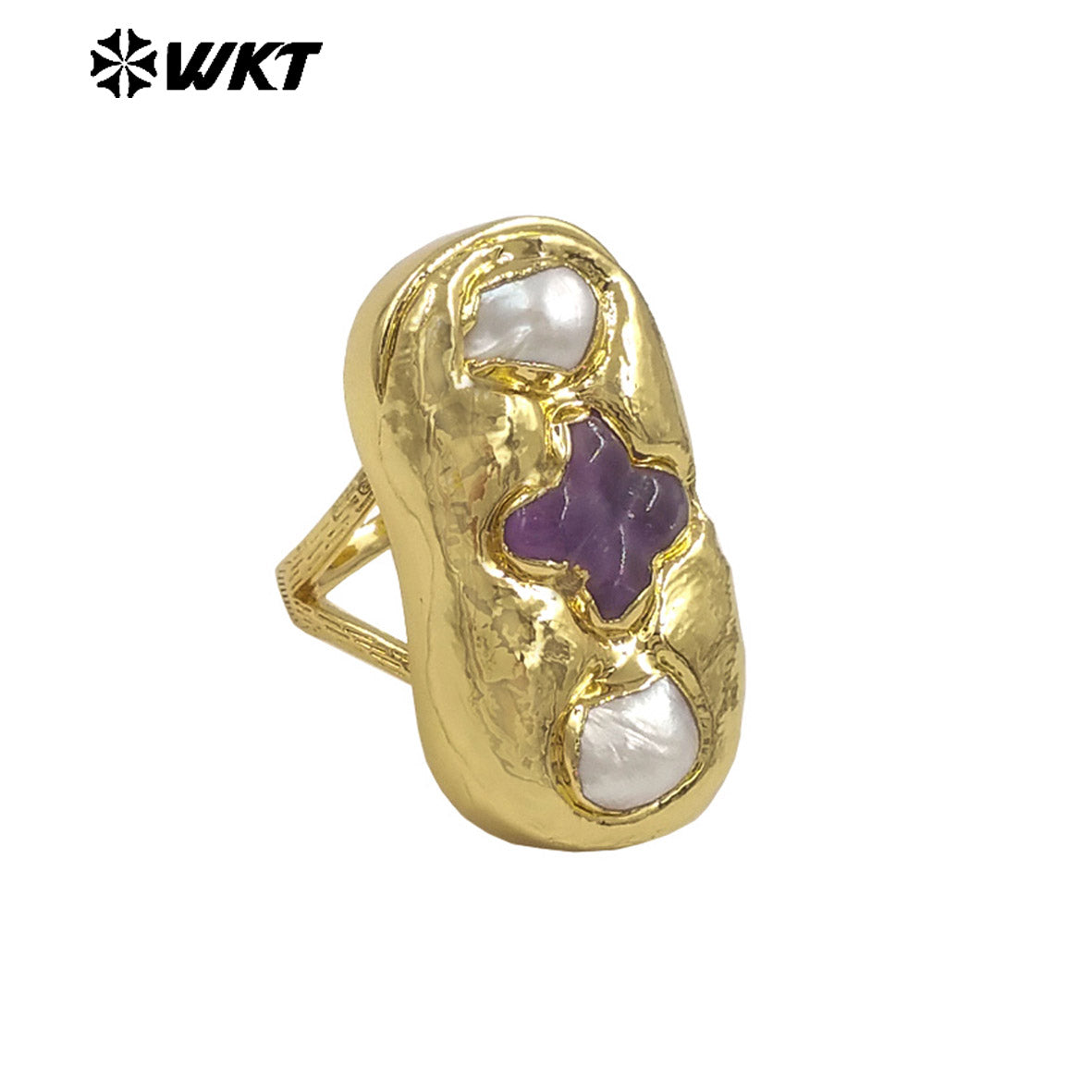 WT-MPR154 Exclusive Design Gold Plated Amethyst Natural Gemstone And Freshwater Pearls Cross Rectangle Rings For Party Jewelry