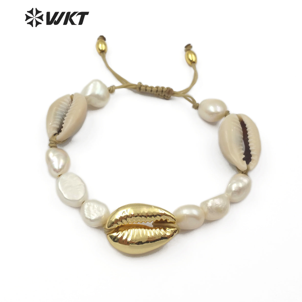 WT-B455 Wholesale Fashion Jewelry Handmade Natural Freshwater Pearl Bracelet Adjustable White Pearl and Cowrie Shell Bracelets