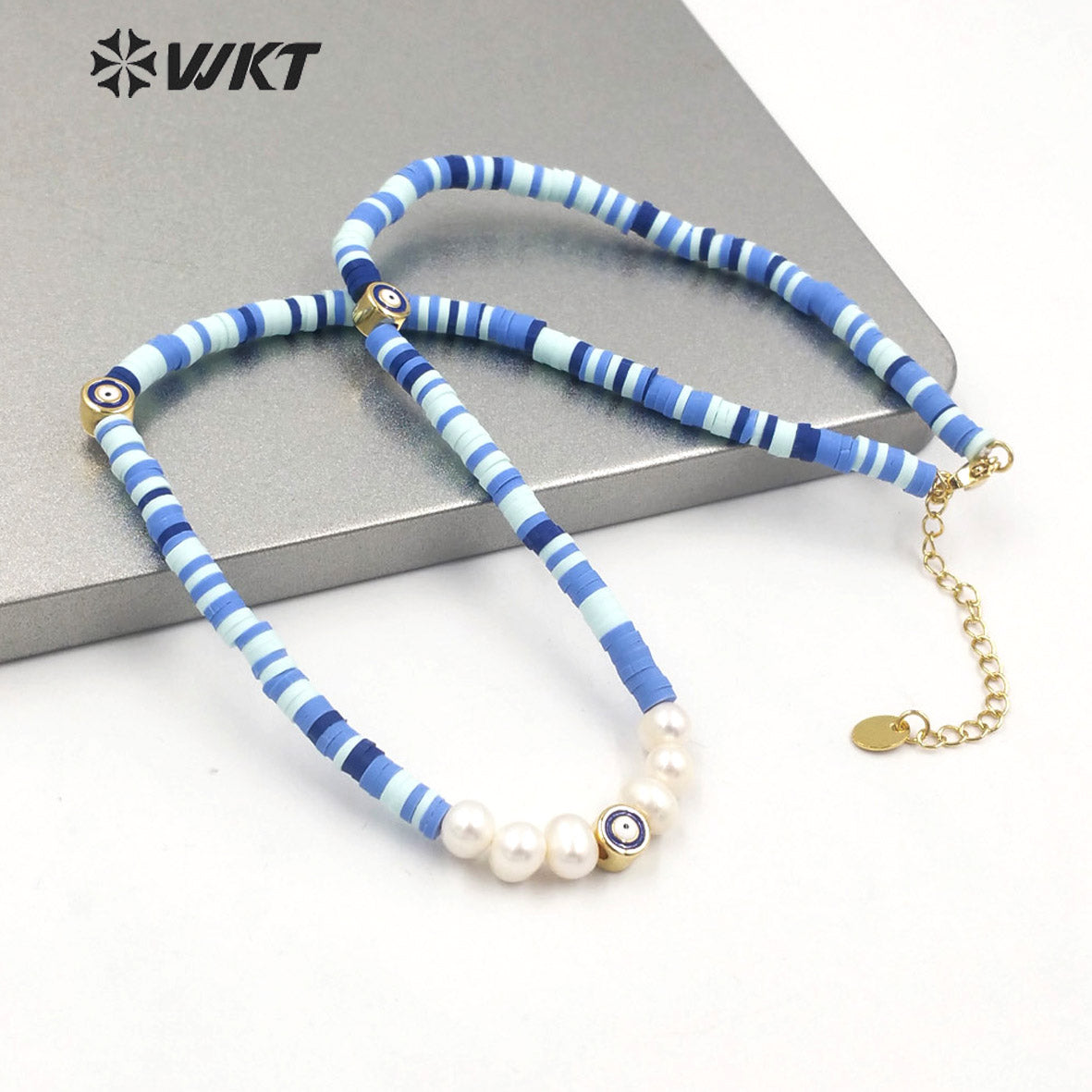 WT-JN200 Amazing Women 4mm Beads Blue Turkey Eye Necklace Bohemian Pearl Eye Chocker Resin Beads Necklace in 16 INCH