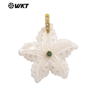 WT-JP521 Lovely Interesting Zircon And Natural White Shell Starfish Shape Gold Pendant For Women Handmade Jewelry Decorative