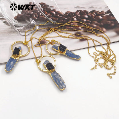 WT-N1471 Wholesale Fashion Design Natural Raw Blue Kyanite With Black Tourmaline Charm Vintage Boho Necklace