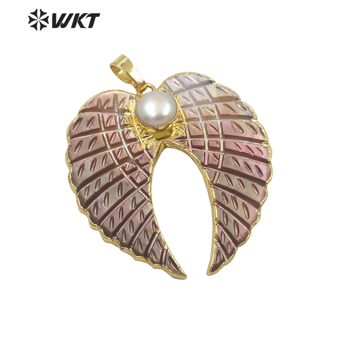 WT-JP261 WKT Newest Fashion Natural Grey Shell Feather Pendant Popular Hot Gold MOP Shell Jewelry Shell Pendant with Pearl
