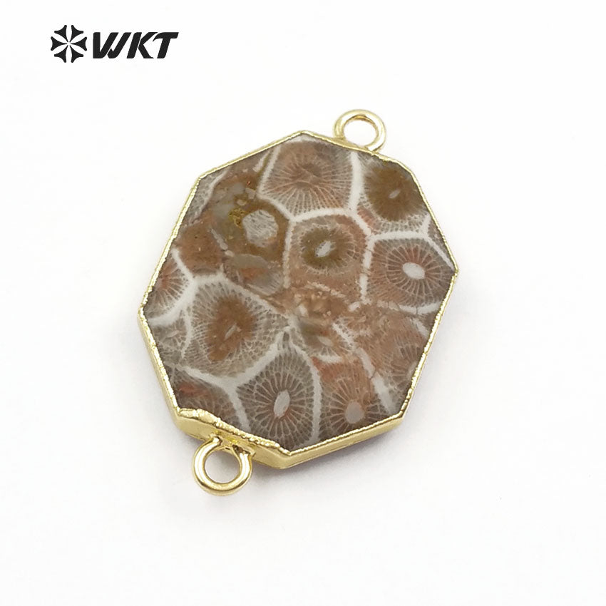WT-C261 Gold Bezel Pendant Polygon Stone Chakra Collection for Women Jewelry Making Natural Ocean jasper Stone Connectors