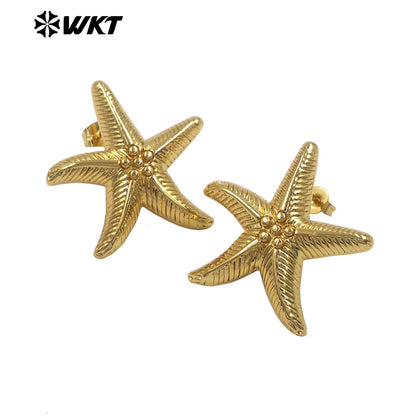 WT-E807 New Arrival Ocean Style Gold Plated Metal Yellow Brass Starfish Shape Earrings As Girls Lovely Simple Jewelry Decoration