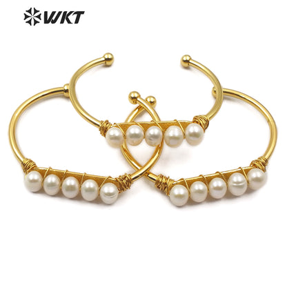 WT-B486 New Design Lady Charm Jewelry Pearl Bangle Pearl Wire Wrapped Gold Plated Bangle Fashion Jewelry for Women