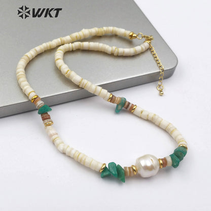 WT-JN101 Wholesale Natural Shell Beads Choker Necklace in 16" Inch Long With Pearl Women Stylish Jewelry Natural Shell Necklace