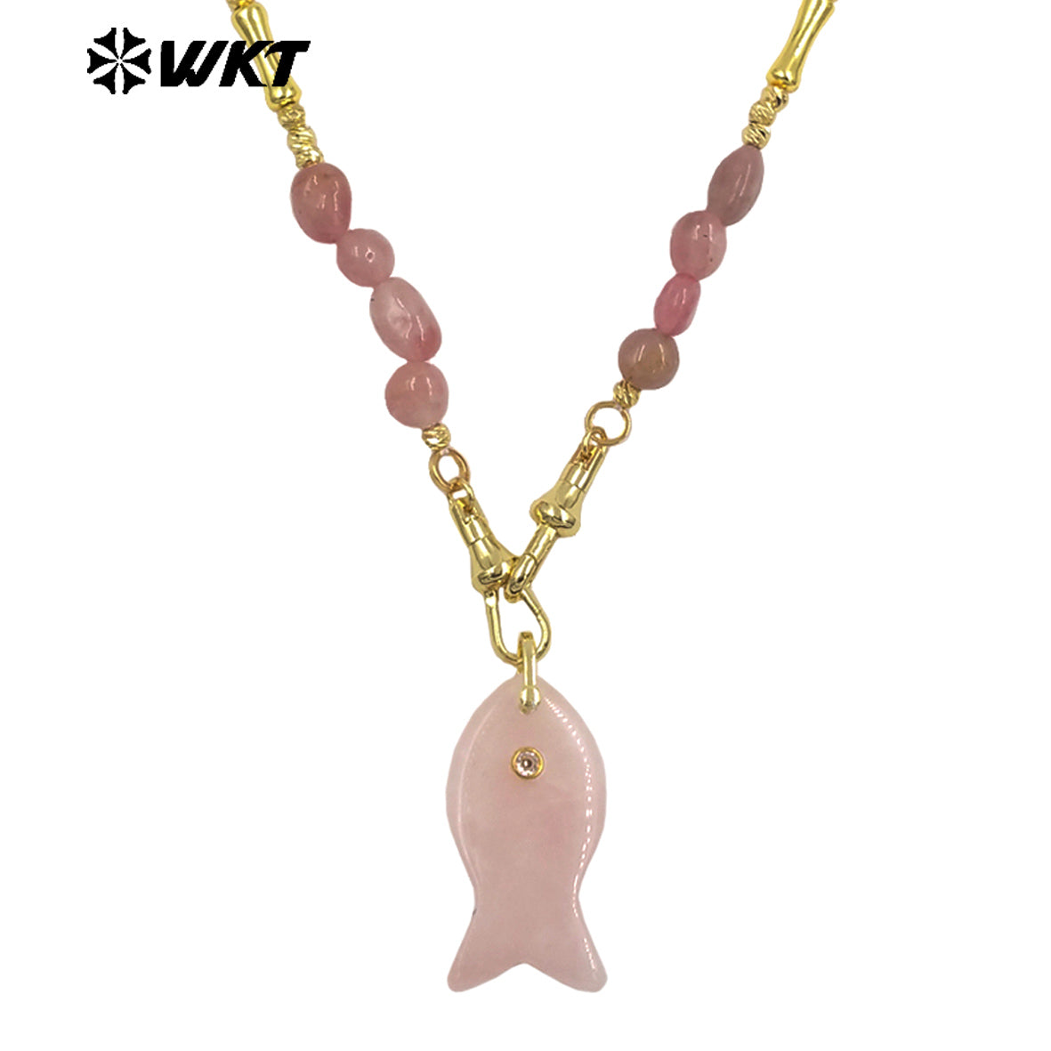WT-N1522 Wonderful Stone Beads Splicing Metal Gold Chain With Natural Gemstones Fish Shape Pendant Necklaces For Women Gift