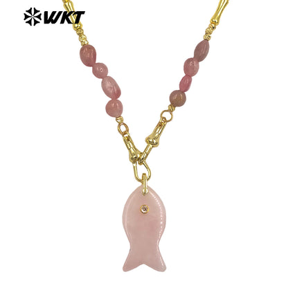 WT-N1522 Wonderful Stone Beads Splicing Metal Gold Chain With Natural Gemstones Fish Shape Pendant Necklaces For Women Gift