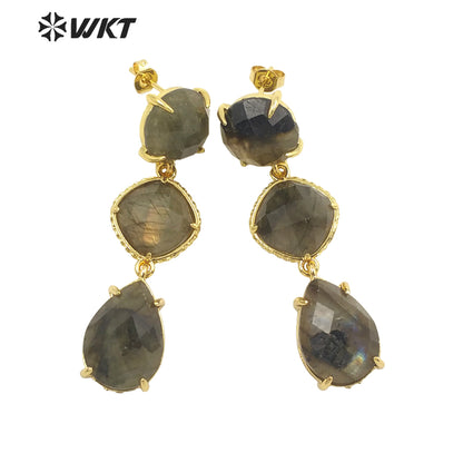 WT-E689 Wholesale Fashion Triple Stone Long Dangle Earrings Gorgeous Lady Prong Setting Natural Gemstone Birthday Stone Earrings
