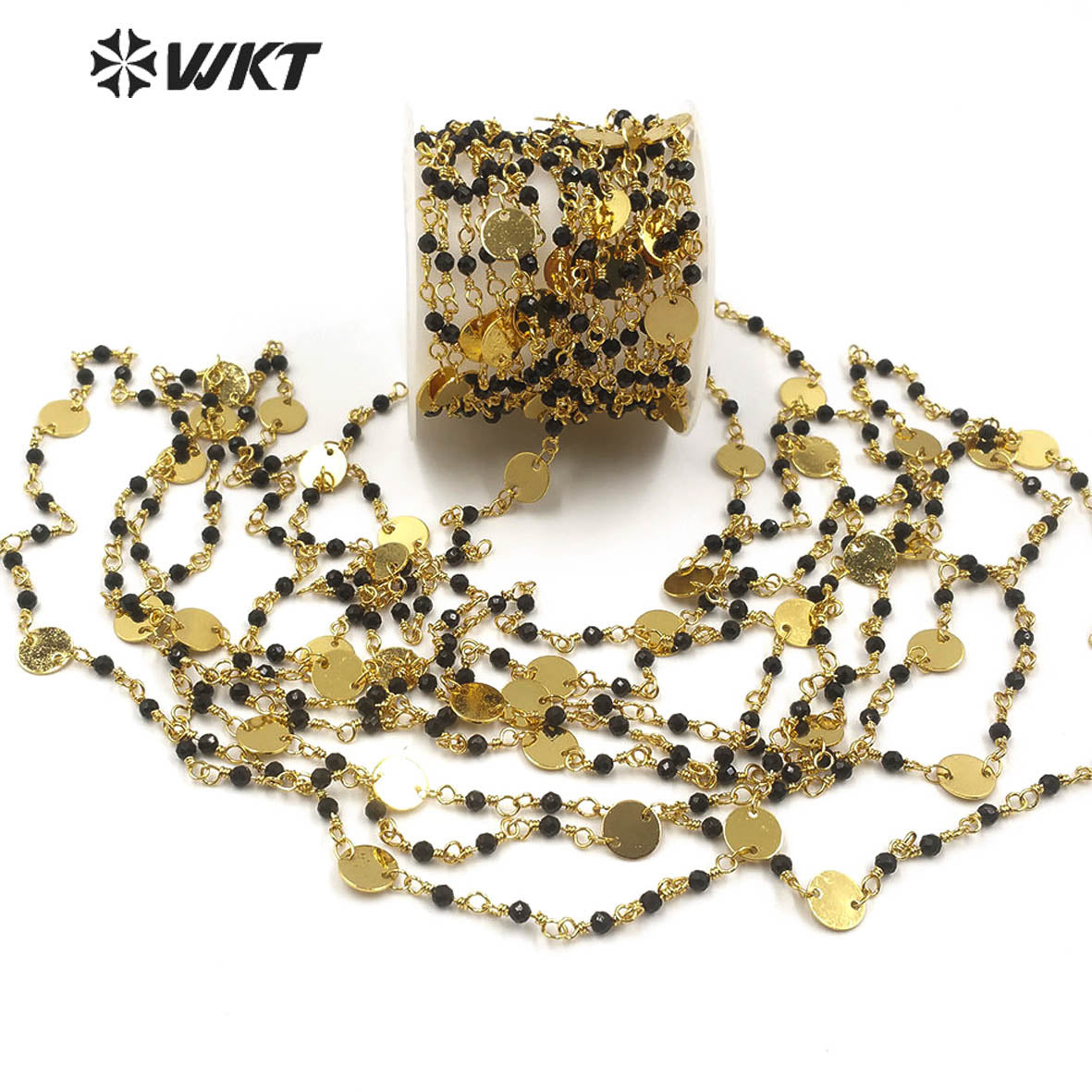 WT-RBC148 Wholesale Natural Black Agate Beads Chain Stylish Gold Plated Black Agate Rosary Beads Chain for DIY Jewelry Making