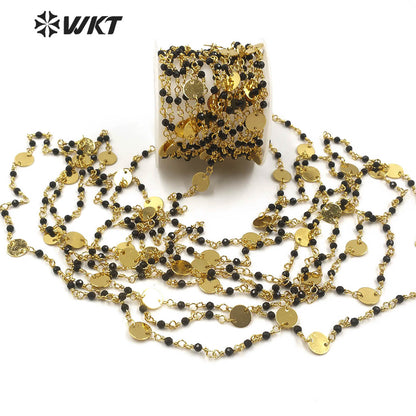 WT-RBC148 Wholesale Natural Black Agate Beads Chain Stylish Gold Plated Black Agate Rosary Beads Chain for DIY Jewelry Making