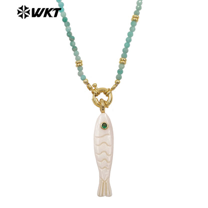 WT-JN405 Wonderful Natural Gemstone Beads Chain With White Shell Fish Charms Gold Necklaces For Women Party Trendy Matching