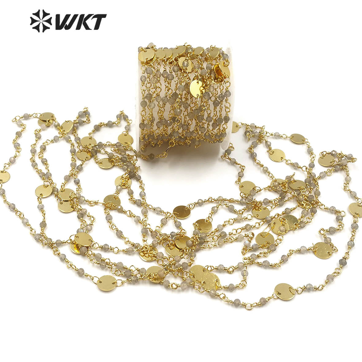 WT-RBC149 Shiny Labradorite Beads Chain Stylish Gold Plated Labradorite Rosary Beads Chain for DIY Jewelry Making