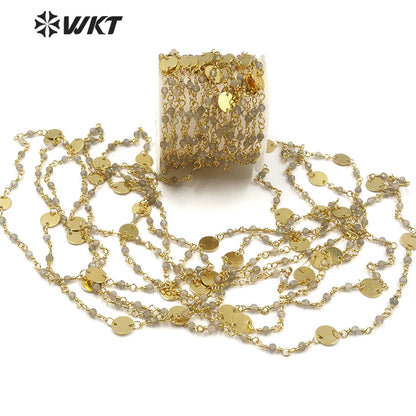 WT-RBC149 Shiny Labradorite Beads Chain Stylish Gold Plated Labradorite Rosary Beads Chain for DIY Jewelry Making