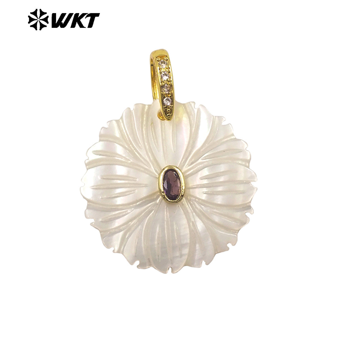 WT-JP481 Classic Design Colorful Zircon And White Shell Hand Carved Round Gold Pendant For Necklace Jewelry Making Accessory