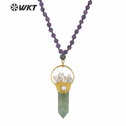 WT-N1246 Wholesale Women Gorgeous Long Beads Stone Fluorite Necklace Gold Fashion Big Chunky Spirit Point Stone Necklace