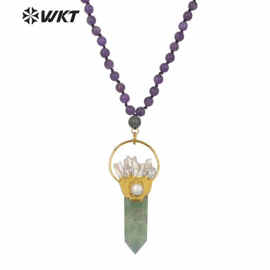 WT-N1246 Wholesale Women Gorgeous Long Beads Stone Fluorite Necklace Gold Fashion Big Chunky Spirit Point Stone Necklace