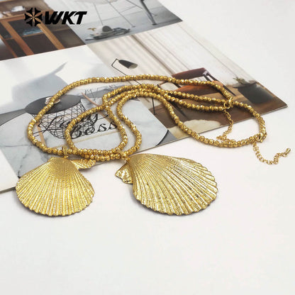 WT-JN343 Classic Design Beads Chain With Full Gold Plated Natural Scallop Shell Pendants Women Necklace For Beach Vacation Match