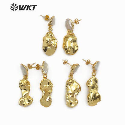 WT-E490 Boho Gift for Women Freshwater Pearl Stud With Random Shape Double Pearl Jewelry Full Gold Dipped Baroque Pearl Earring
