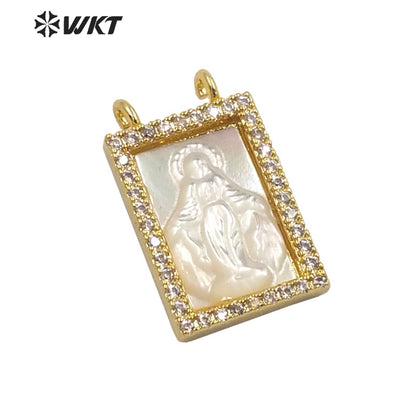 WT-MP224 WKT Precious Gold Handmade Well-proportioned Micro Pave Pendant Natural Pearl Shells with Zircon Religion Jewelry