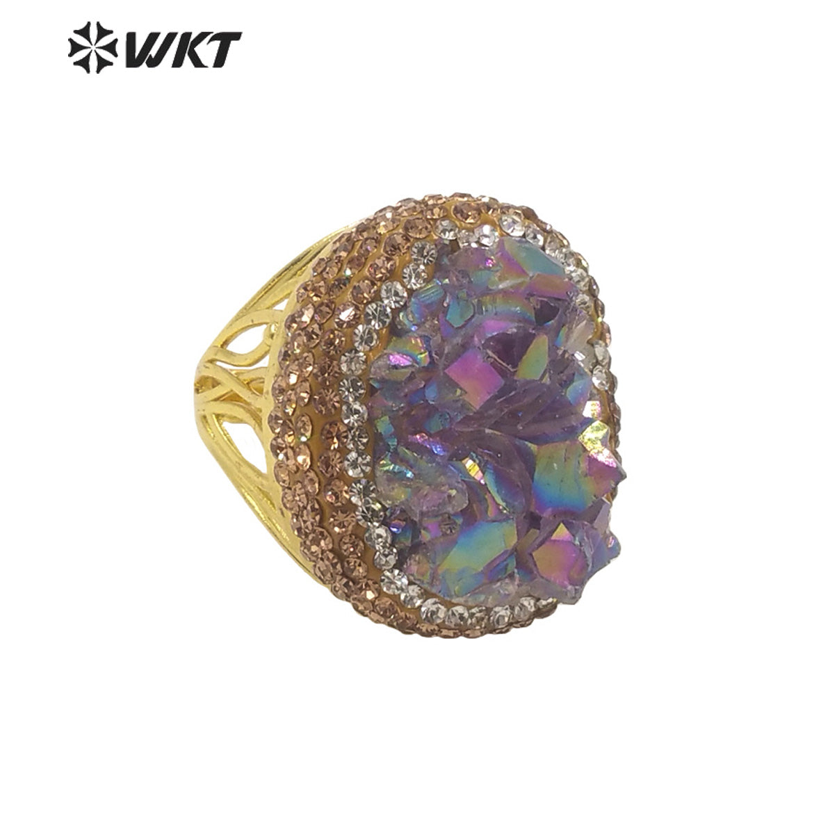 WT-R433 Fashion Oval Shape Aura Amethyst Stone Ring 18k Gold Bezel Setting Rhinestone Paved Druzy Amethyst Ring for Gift