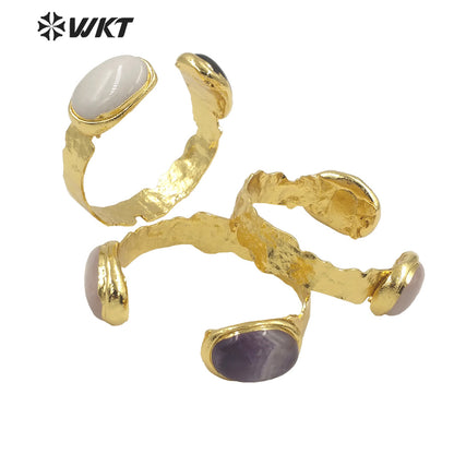 WT-B591 2022 WKT Fashion Natural tiger Eye Amethyst Black Obsidian pink Quartz Bangle Opening Adjustable Oval Stone Bangles