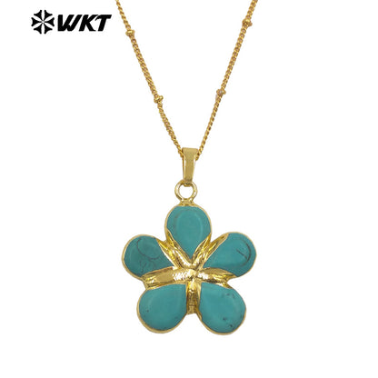 WT-N1497 New Fashion Beads Chain With Gold Plated Natural Gemstone Flowers Shape Pendant Necklace As Lady Birthday Gift