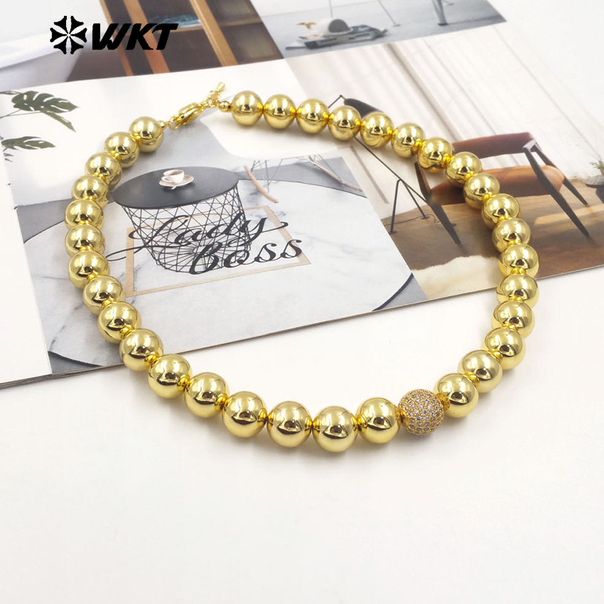 WT-JFN19 Wholesale New Handmade 12MM Big Round Brass Beads Fashion Lady Simple Cool 18k Real Gold Plated Metal Necklace
