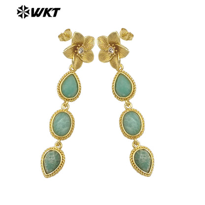 WT-E758 Amazing Fashion 18K Real Gold Plated Resist Tarnishable Multi Stones Earrings Women Birthday Gift Jewelry