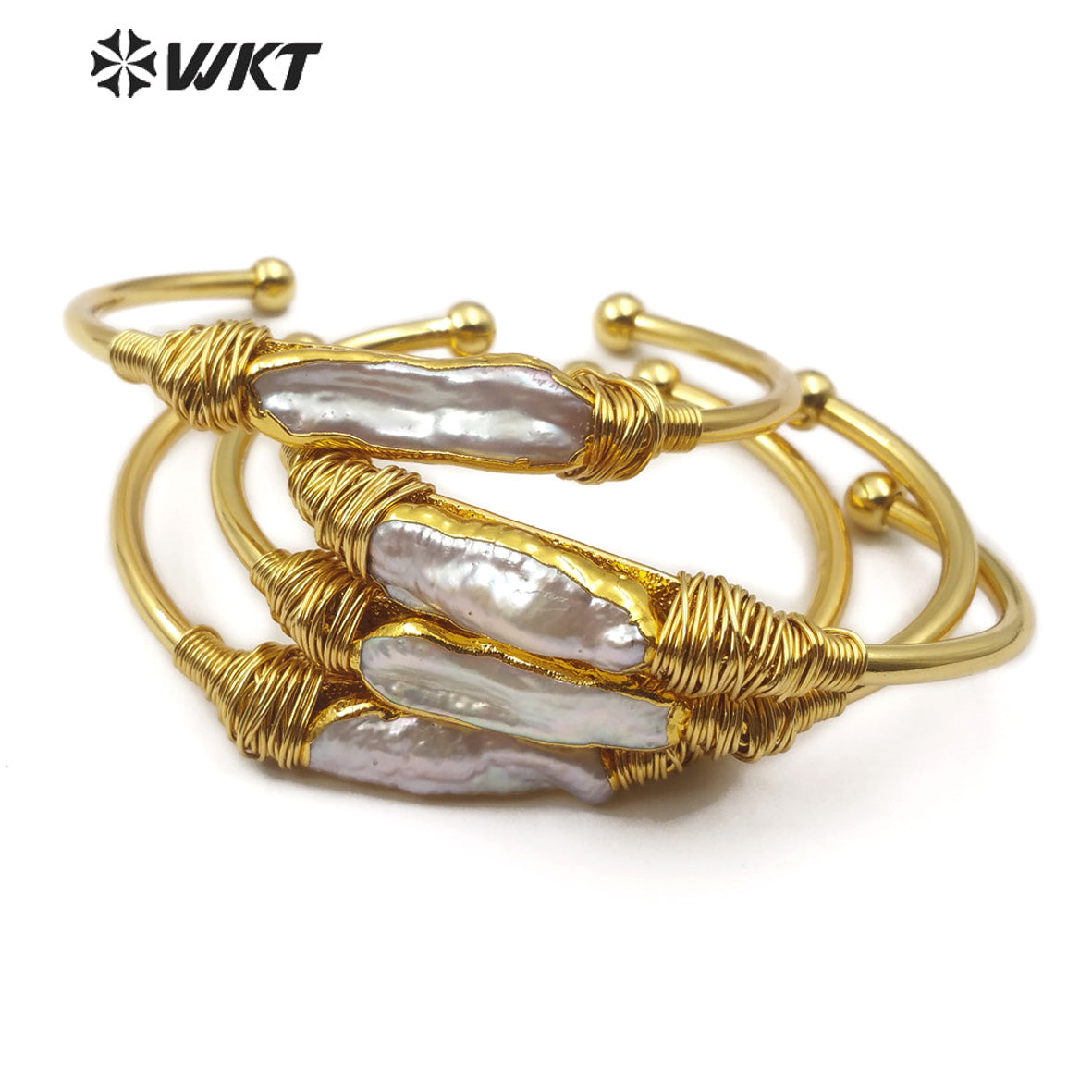 WT-B489 Natural Pearl Bangle Wire Wrapped Bangle Gold Bezel Irregular Pearl Bracelet Women Fashion Charm Bracelet Jewelry