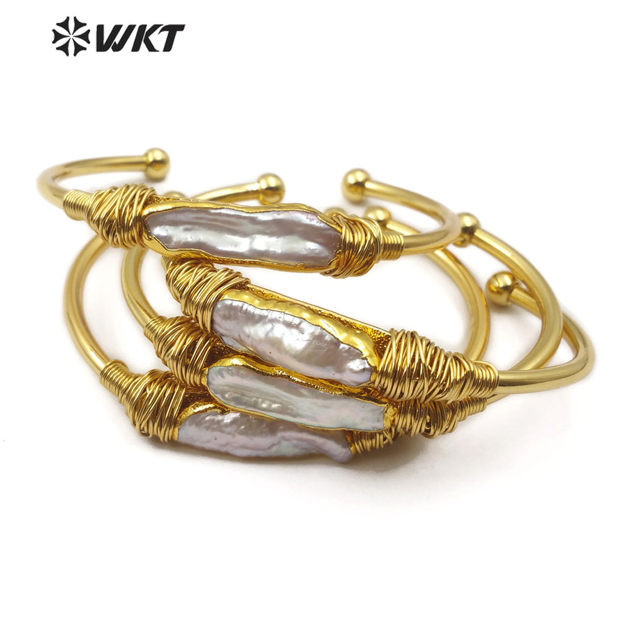 WT-B489 Natural Pearl Bangle Wire Wrapped Bangle Gold Bezel Irregular Pearl Bracelet Women Fashion Charm Bracelet Jewelry