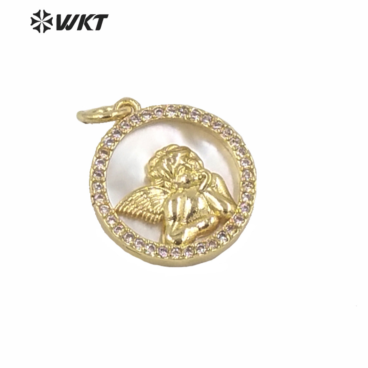WT-MP161 Wholesale New Gold Electroplated Small Round Coin Angel Pendant Women Fashion Cubic Zircon Setting Angel Pendant Jewel