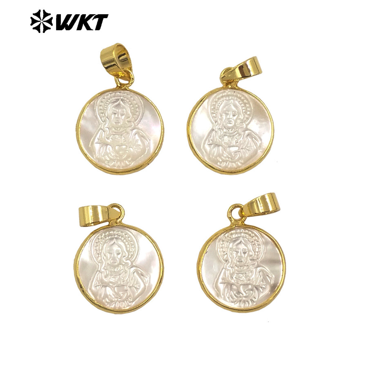 WT-JP375 Amazing Fashion Gold Plated Metal Around 16mm Natural Shell Carved Religious Jewelry Pendants