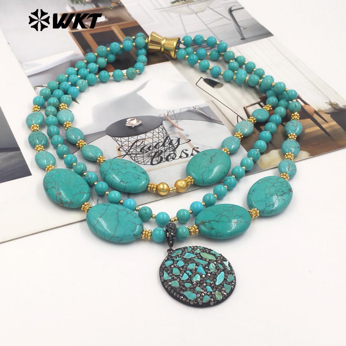 WT-N1506 Gorgeous Luxury Natural Turquoise And Gold Plated Bead With Little Stones Pendant Three Layers Necklace For Unique Gift