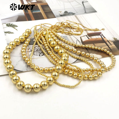 WT-JFN13 Wholesale Most Popular Hand Strand Round Ball Beads 18K Real Gold Plated Simple Unique Chain Necklace Different Size