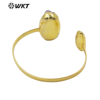 WT-B582 WKT Beautiful and Attractive Gold Electroplated Open Size Cuff Bangle Women Exquisite Natural Gemstone Amethyst Bangle