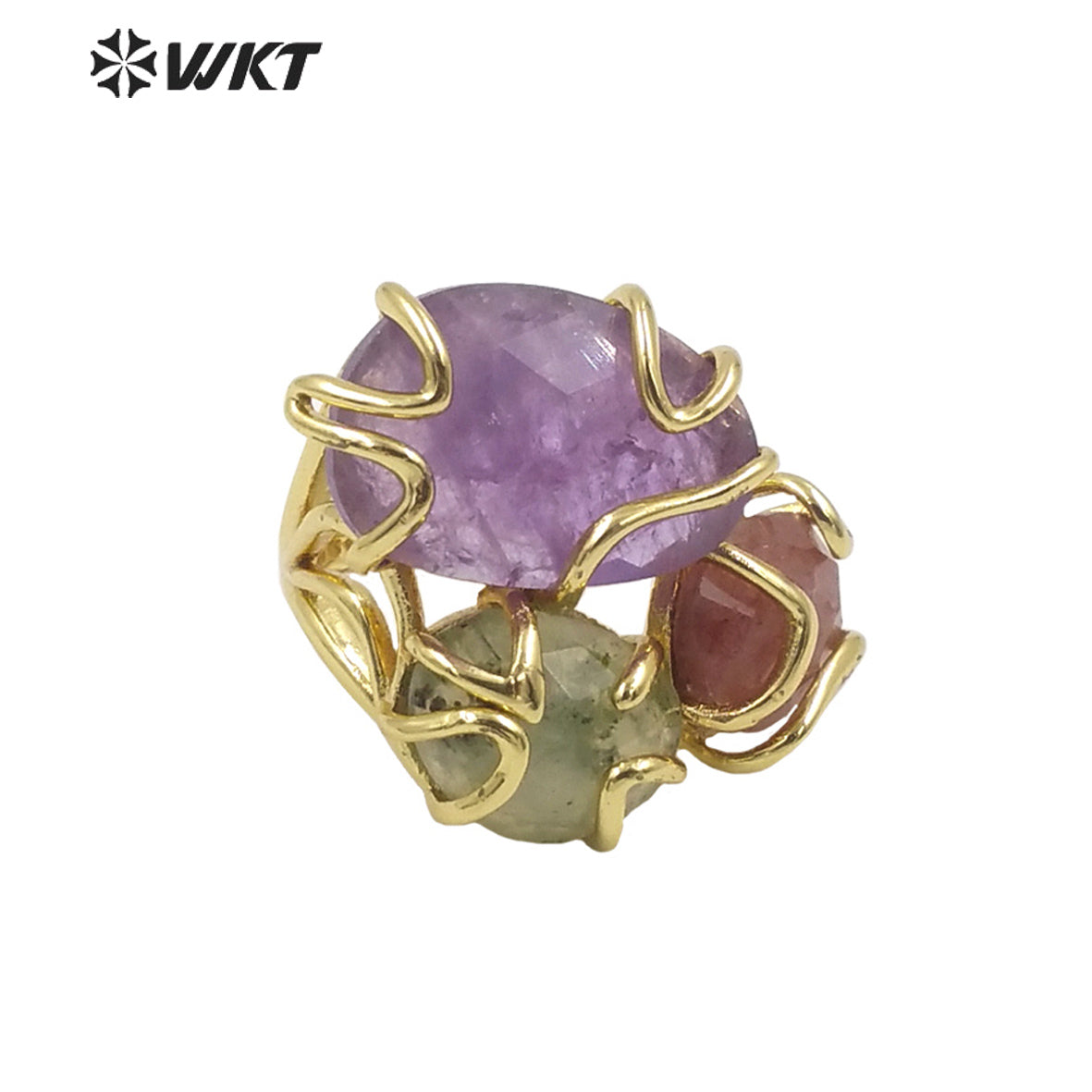 WT-R417 WKT NEW Design Gorgeous Triple Natural Gemstone Claw Setting Stone Ring Women Adjustable Precious Colorful Gold Ring
