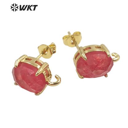 WT-E678 Women New Fashion Jewelry Findings Earrings Studs 18k Real Gold Plated Claw Setting Gemstone Studs with Hoop