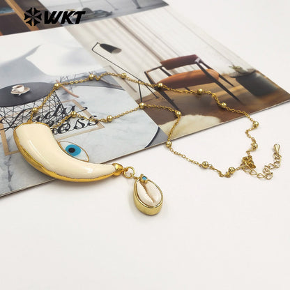 WT-JN355 Amazing Artistic Gold Plated Beads Chain With Double Natural Shell Charms Necklace For Women Unique Halloween Gifts