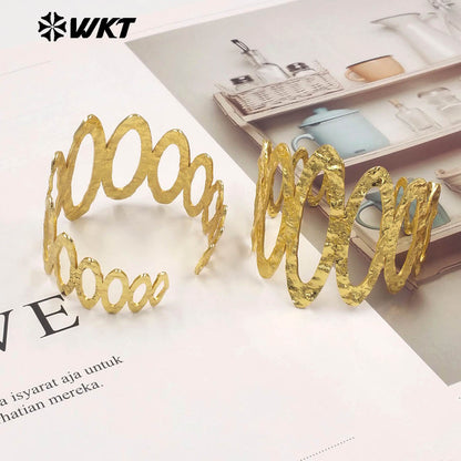WT-B714 Exclusive Gold Plated Big And Small Oval Shape Yellow Brass Metal Bangle Adjustable Size For Female Fashion Jewelry
